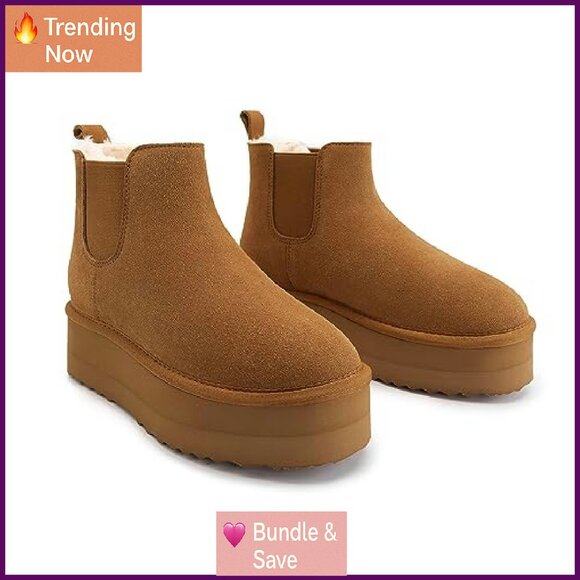 Genuine Suede Platform Snow Boots Slip On Faux Fur Ankle Boots Anti-Slip - Picture 7 of 8